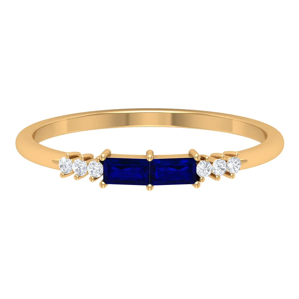 0.25 CT Baguette Shape Blue Sapphire Stackable Ring with Diamond