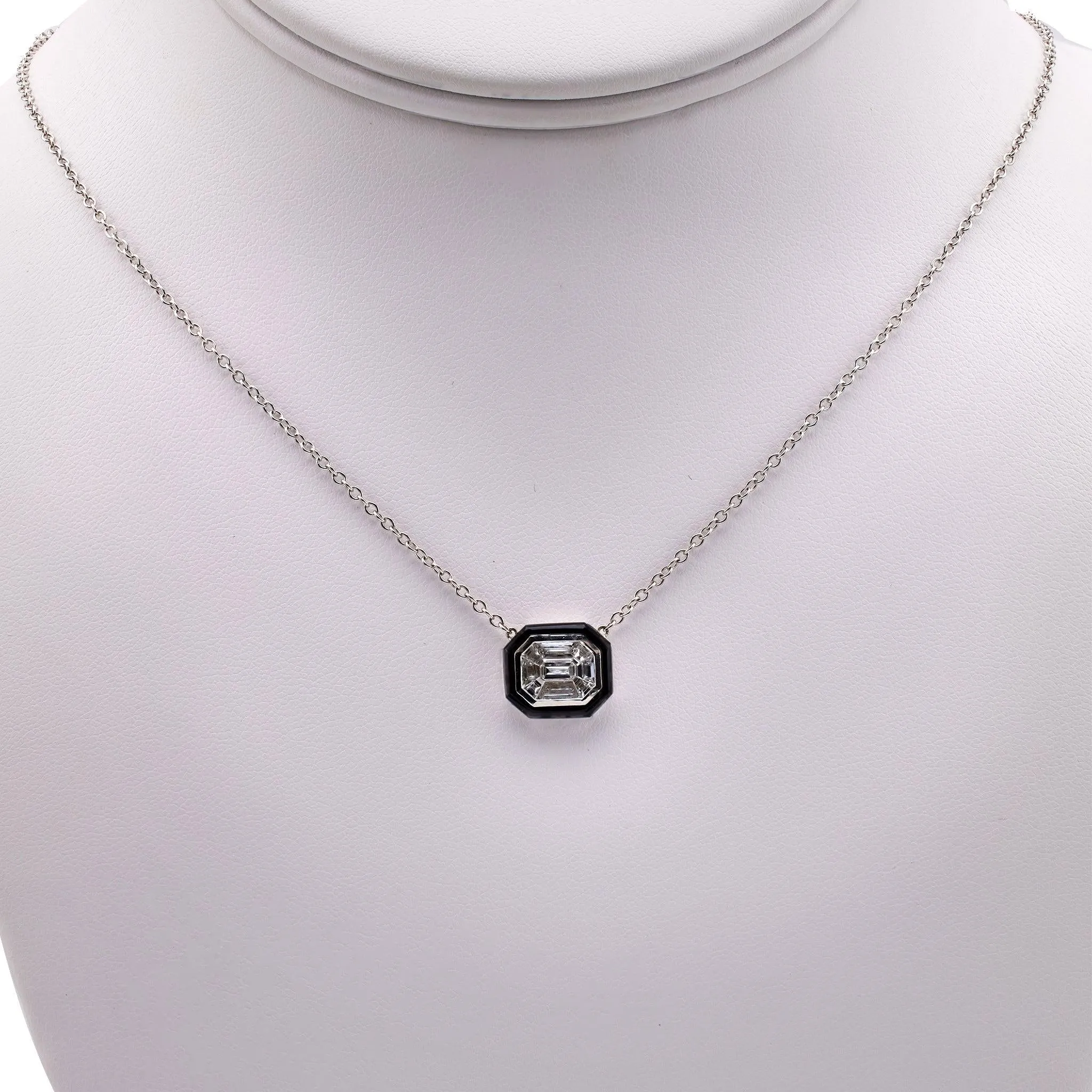 0.63 Carat Total Weight Diamond Onyx 18k White Gold Pendant Necklace