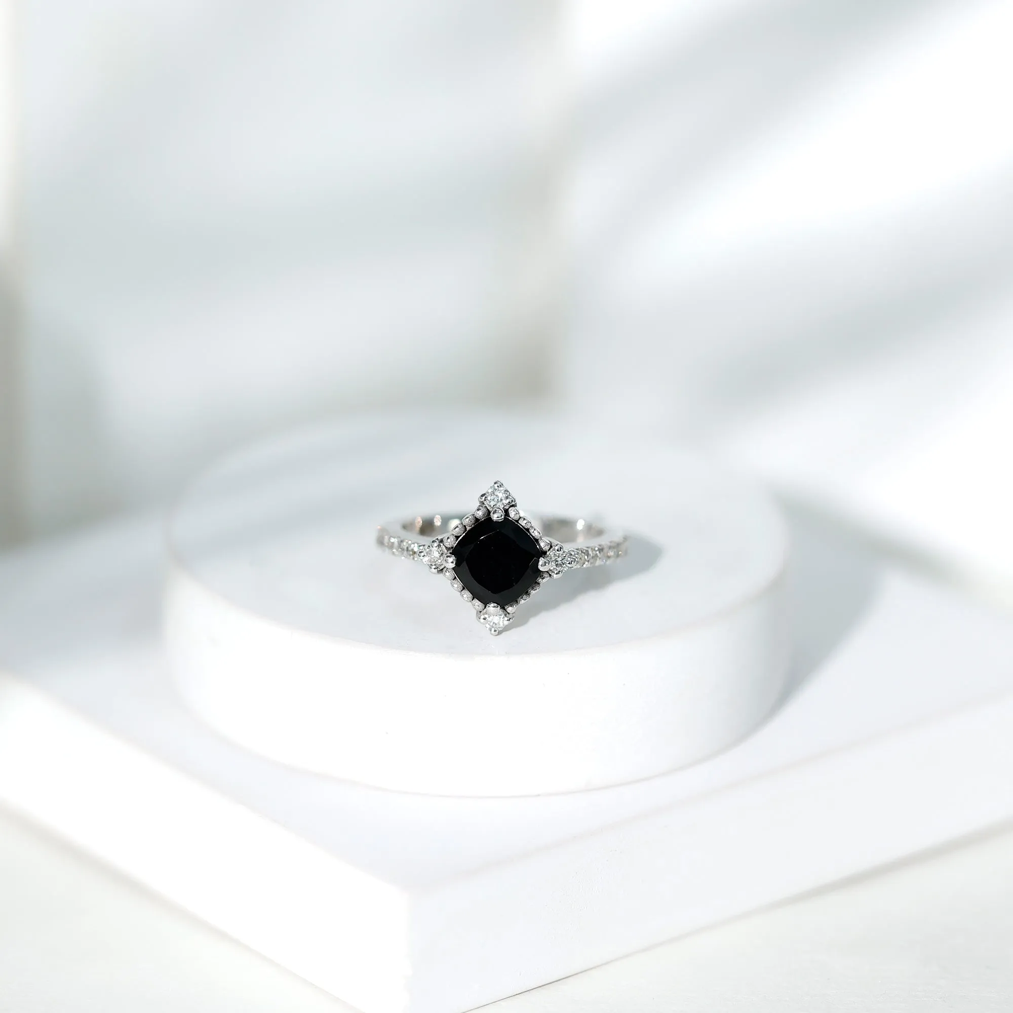 1 CT Cushion Black Spinel Solitaire Engagement Ring with Diamond Side Stones