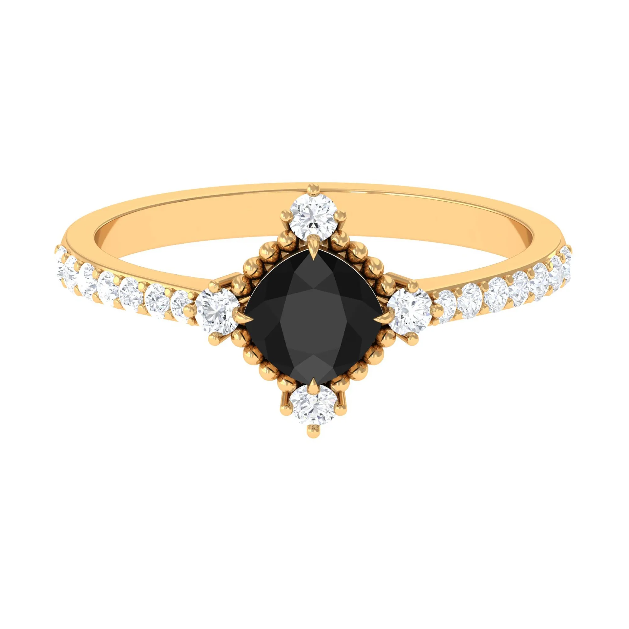 1 CT Cushion Black Spinel Solitaire Engagement Ring with Diamond Side Stones