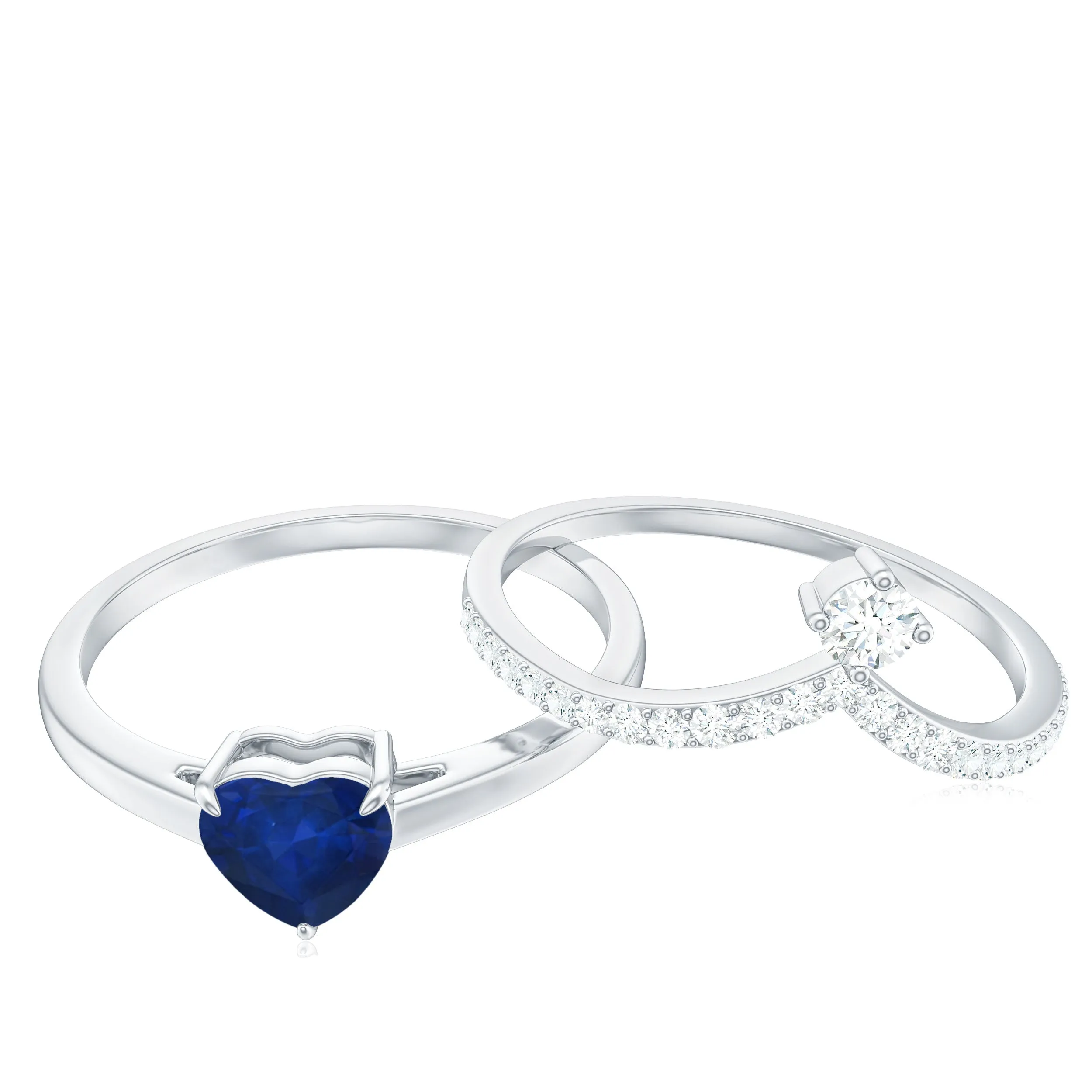 1 CT Heart Shape Blue Sapphire Solitaire Ring Set with Diamond Enhancer Band