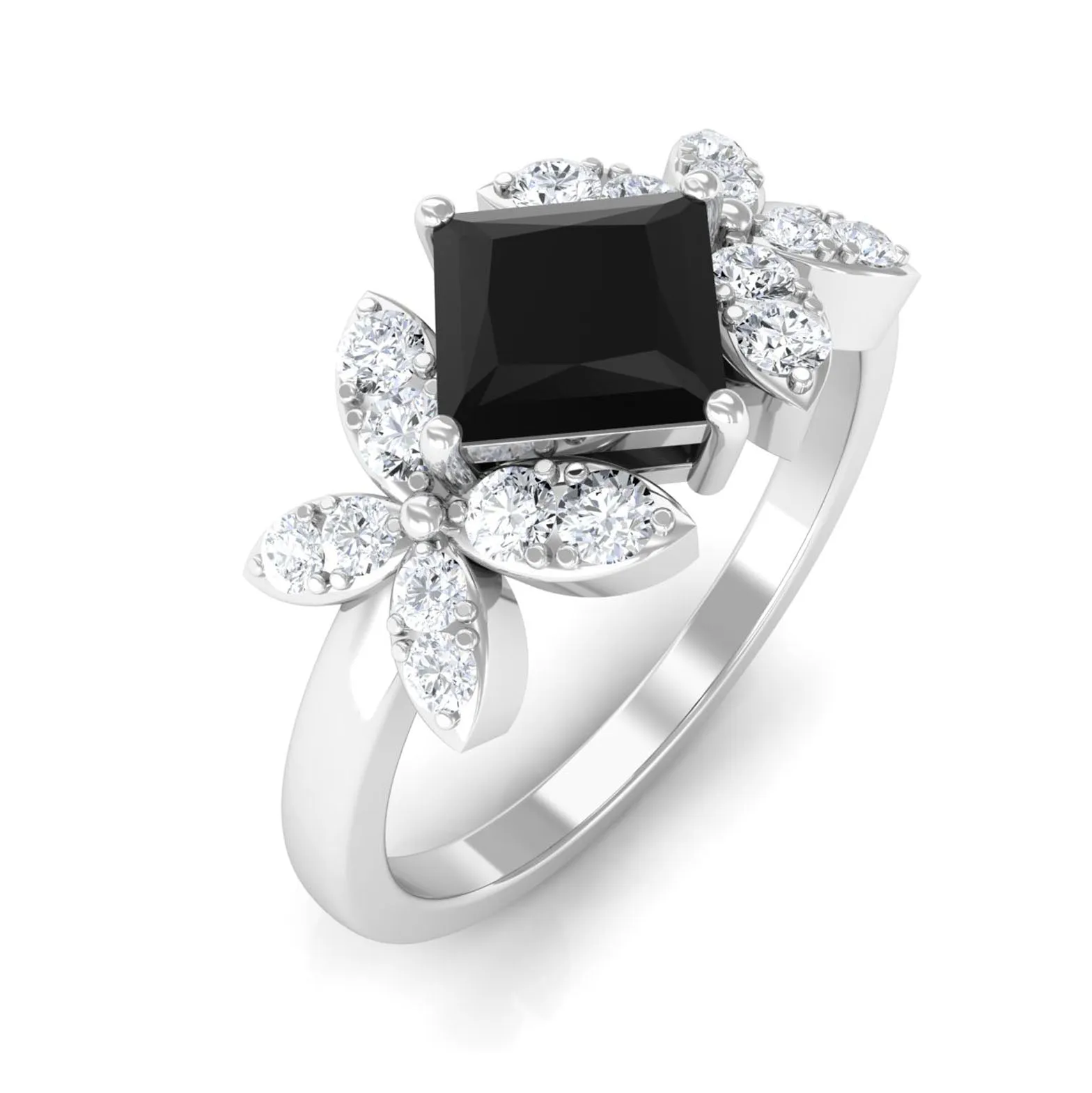 1 CT Princess Cut Black Onyx and Diamond Floral Inspired Engagement Ring