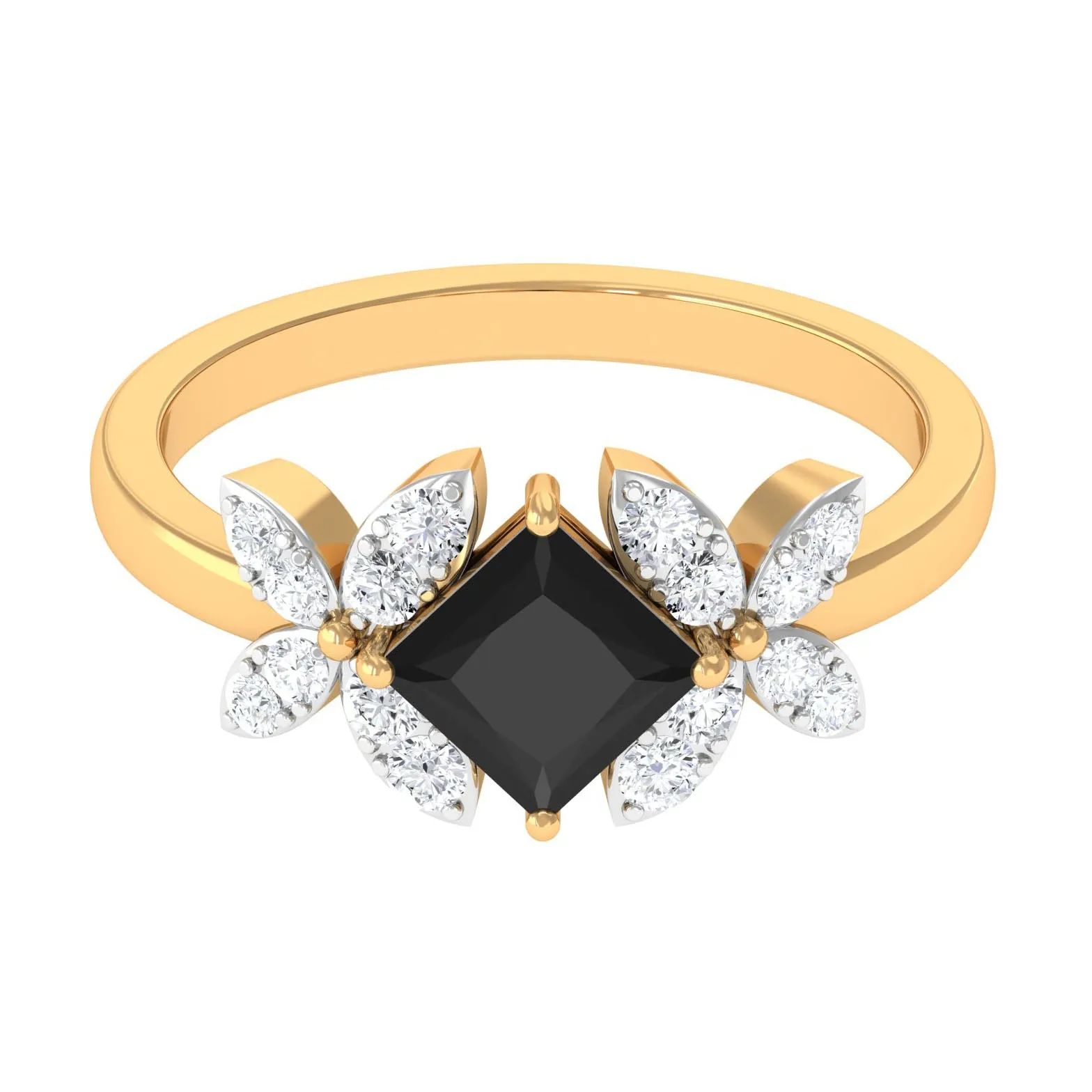 1 CT Princess Cut Black Onyx and Diamond Floral Inspired Engagement Ring