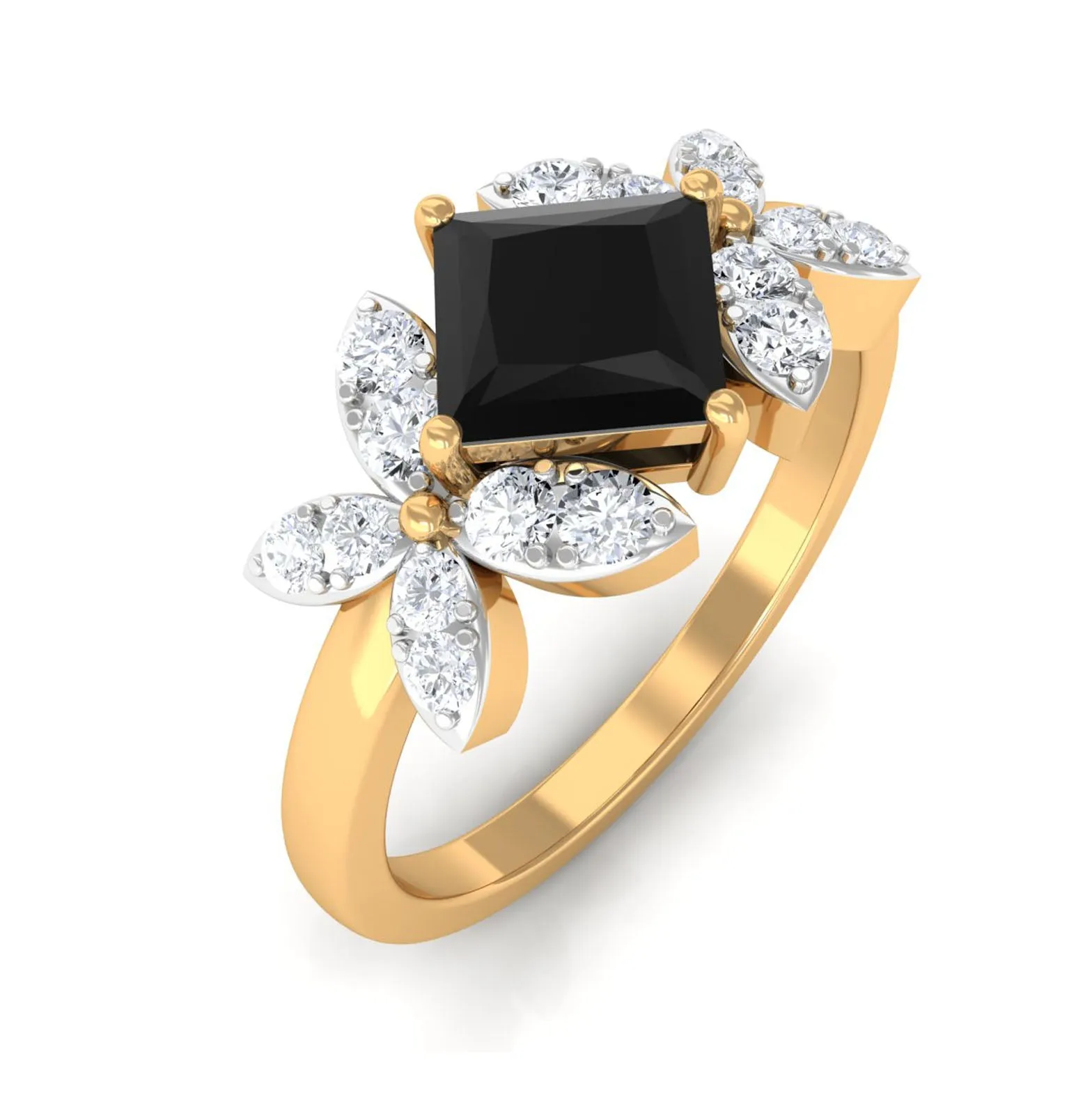 1 CT Princess Cut Black Onyx and Diamond Floral Inspired Engagement Ring