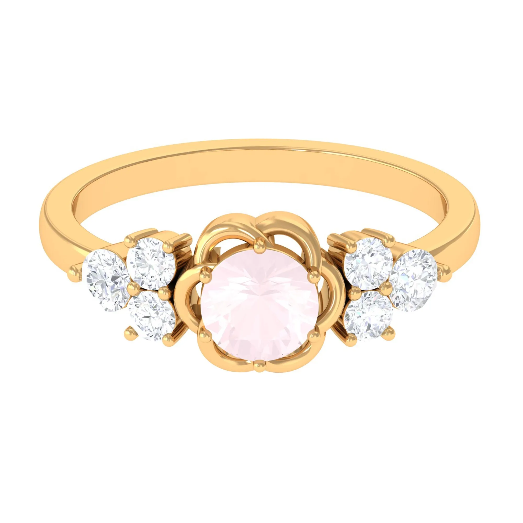 1 CT Round Shape Rose Quartz Floral Engagement Ring with Diamond Trio