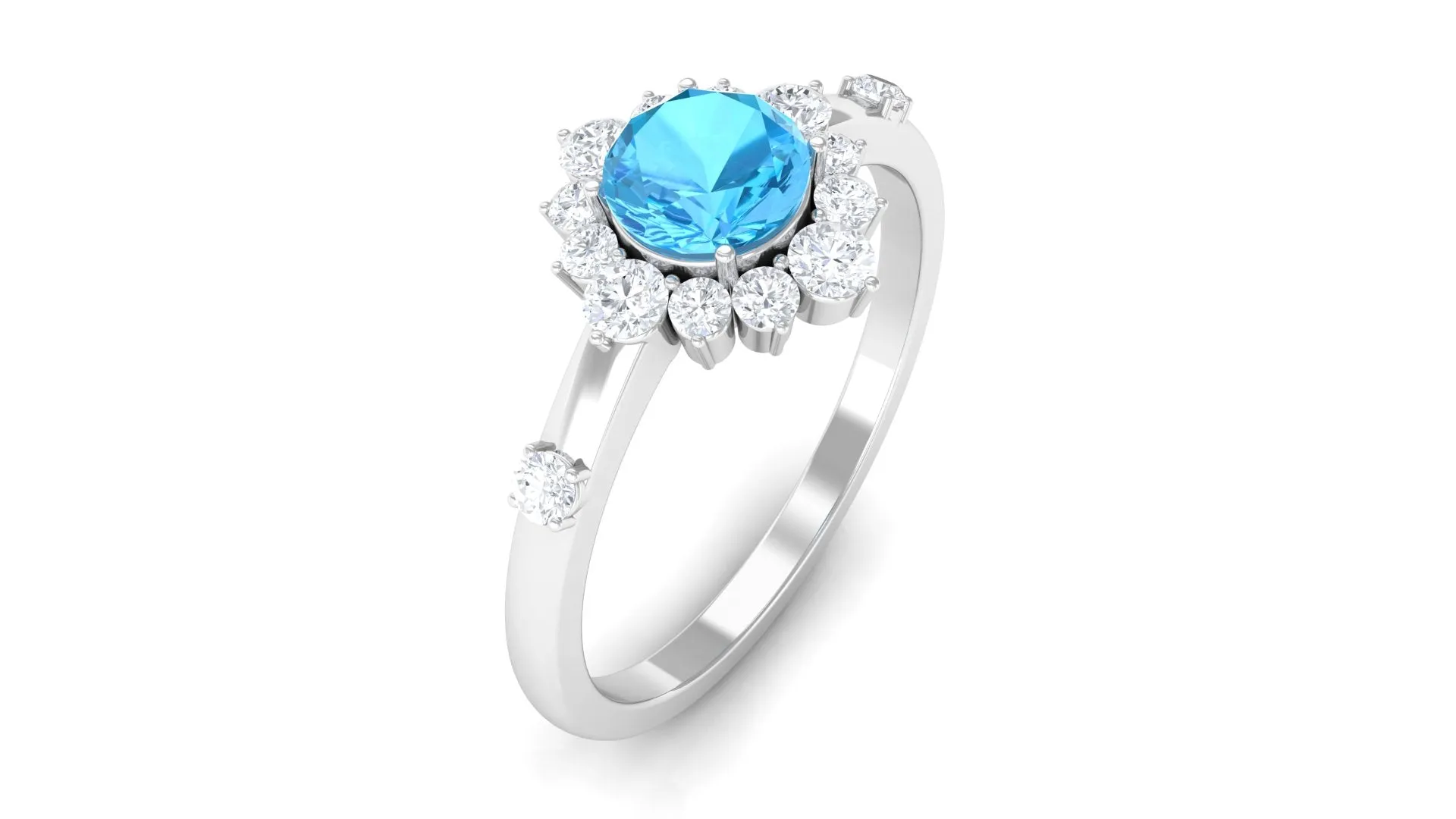 1 CT Round Swiss Blue Topaz and Diamond Halo Engagement Ring