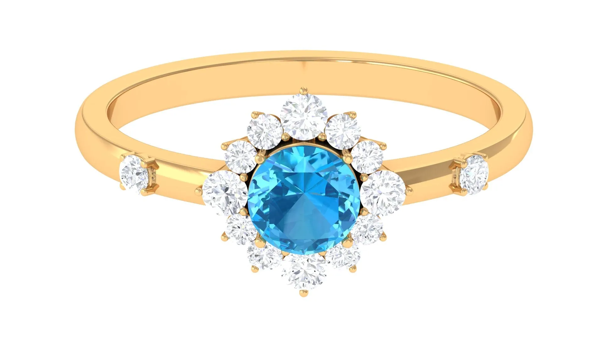 1 CT Round Swiss Blue Topaz and Diamond Halo Engagement Ring