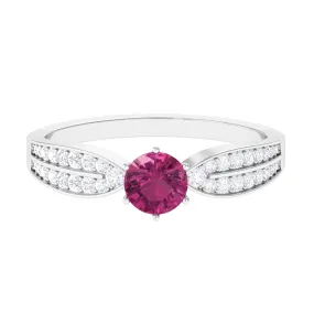 1 CT Six Prong Set Pink Tourmaline Engagement Ring with Diamond Side Stones