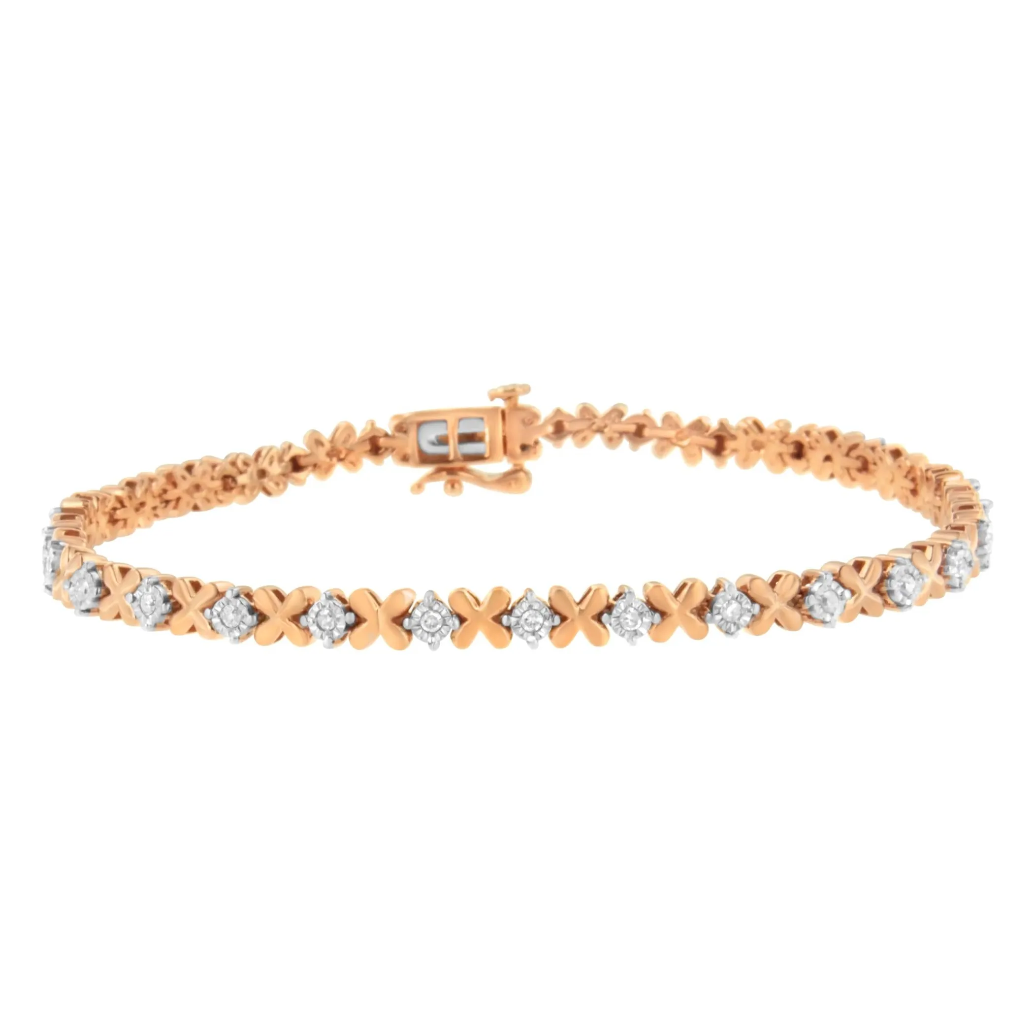 10K Rose Gold Plated .925 Sterling Silver 1/4 cttw Diamond "X and O" Style Link Bracelet (I-J Color, I2-I3 Clarity) - Size 7.25"