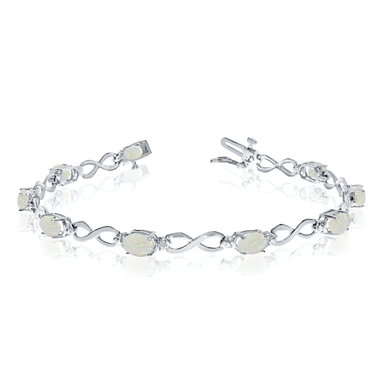 10K White Gold Oval Opal Stones And Diamonds Infinity Tennis Bracelet, 7"