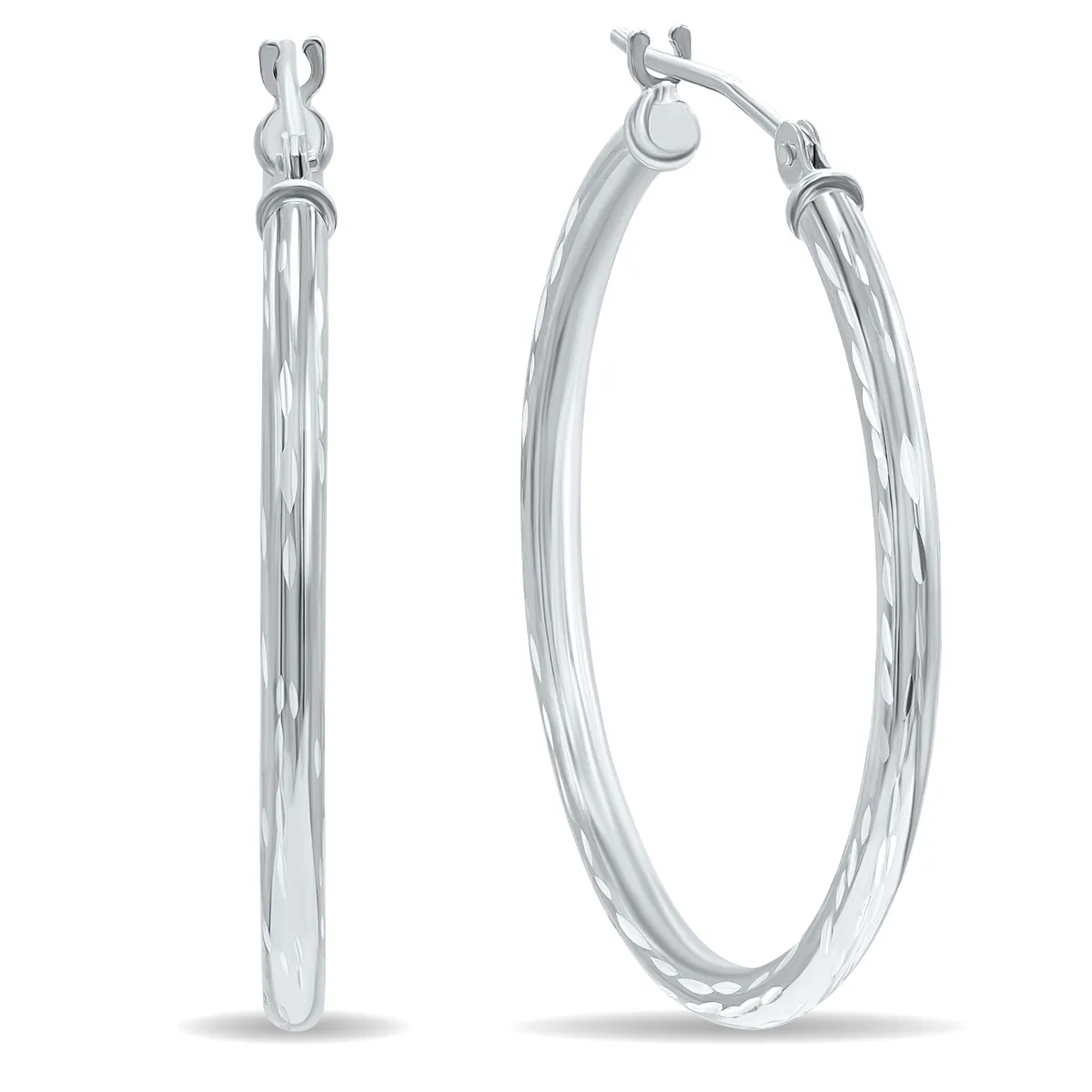 10K White Gold Shiny Diamond Cut Engraved Hoop Earrings 30Mm