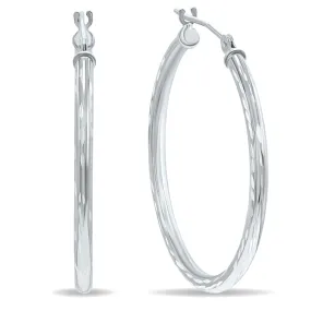 10K White Gold Shiny Diamond Cut Engraved Hoop Earrings 30Mm