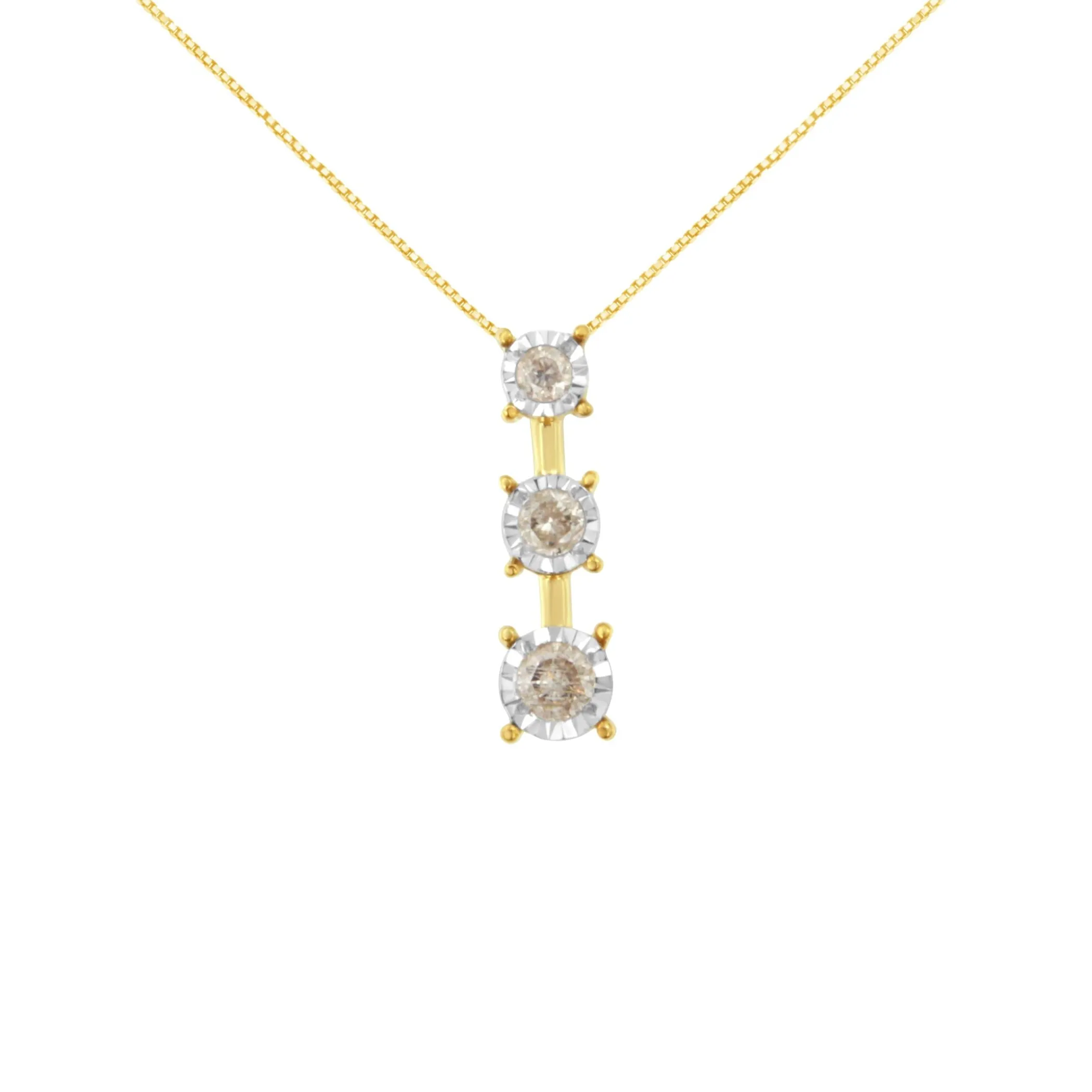 10K Yellow Gold 1/4 cttw Miracle-Set Brilliant Round Cut Diamond Graduating 3 Stone Drop 18" Pendant Necklace (J-K Color, I1-I2 Clarity)