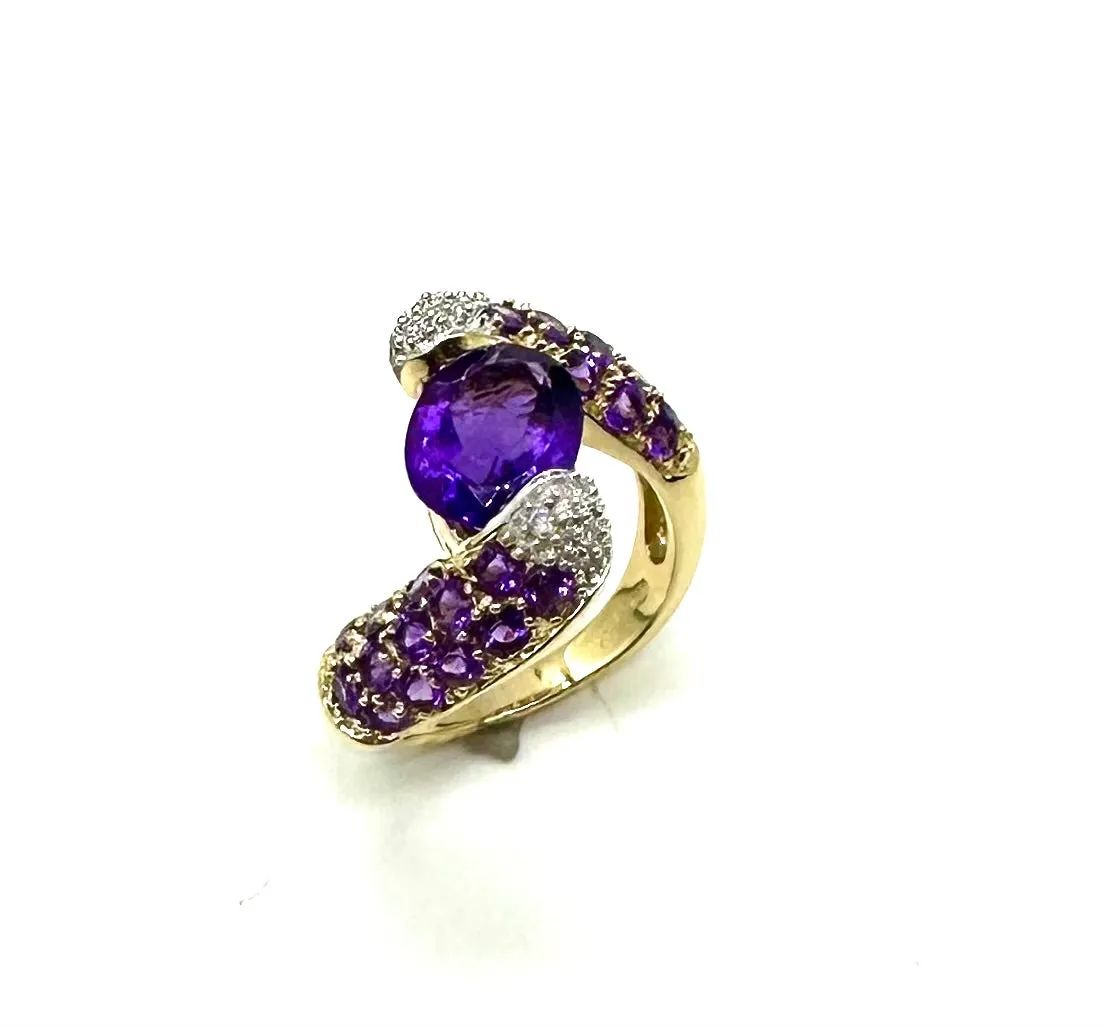 10k Yellow Gold Amethyst and Pavé Diamond Bypass Ring