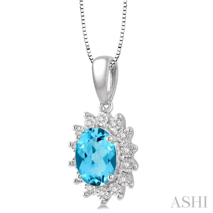 1/10 Ctw Oval Shape 8x6mm Blue Topaz & Round Cut Diamond Semi Precious Pendant in 10K White Gold