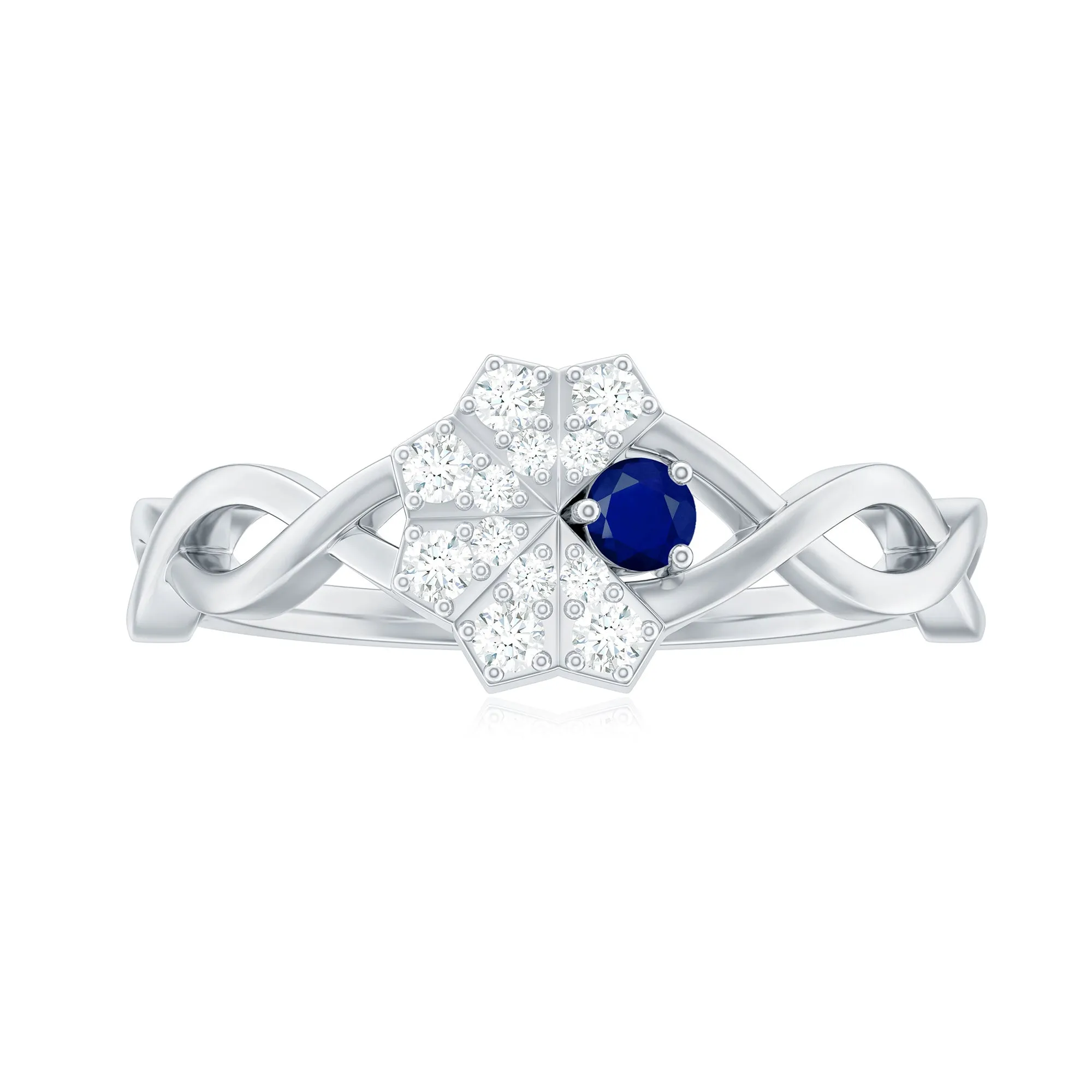 1/4 CT Real Blue Sapphire Flower Ring with Diamond Accent