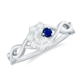 1/4 CT Real Blue Sapphire Flower Ring with Diamond Accent