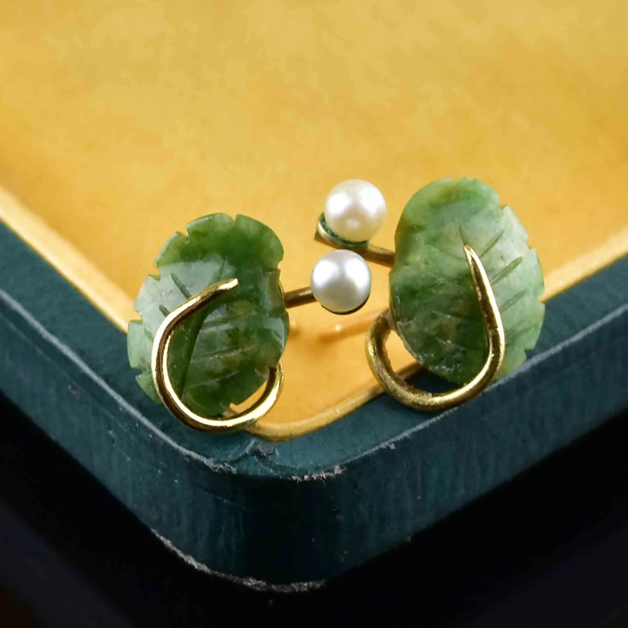 14K Gold Carved Leaf Jade Pearl Stud Earrings