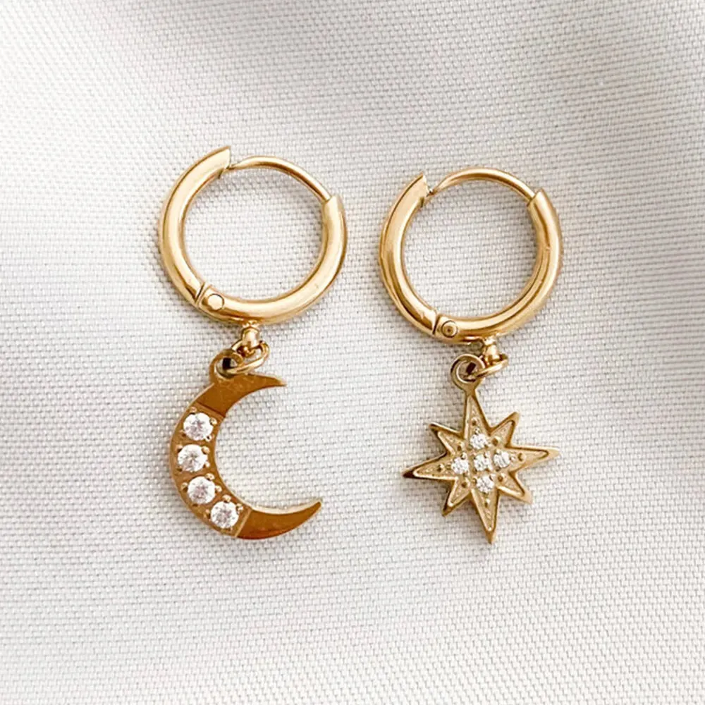 14K Gold-Filled Moon and Star Huggie Hoop Earrings