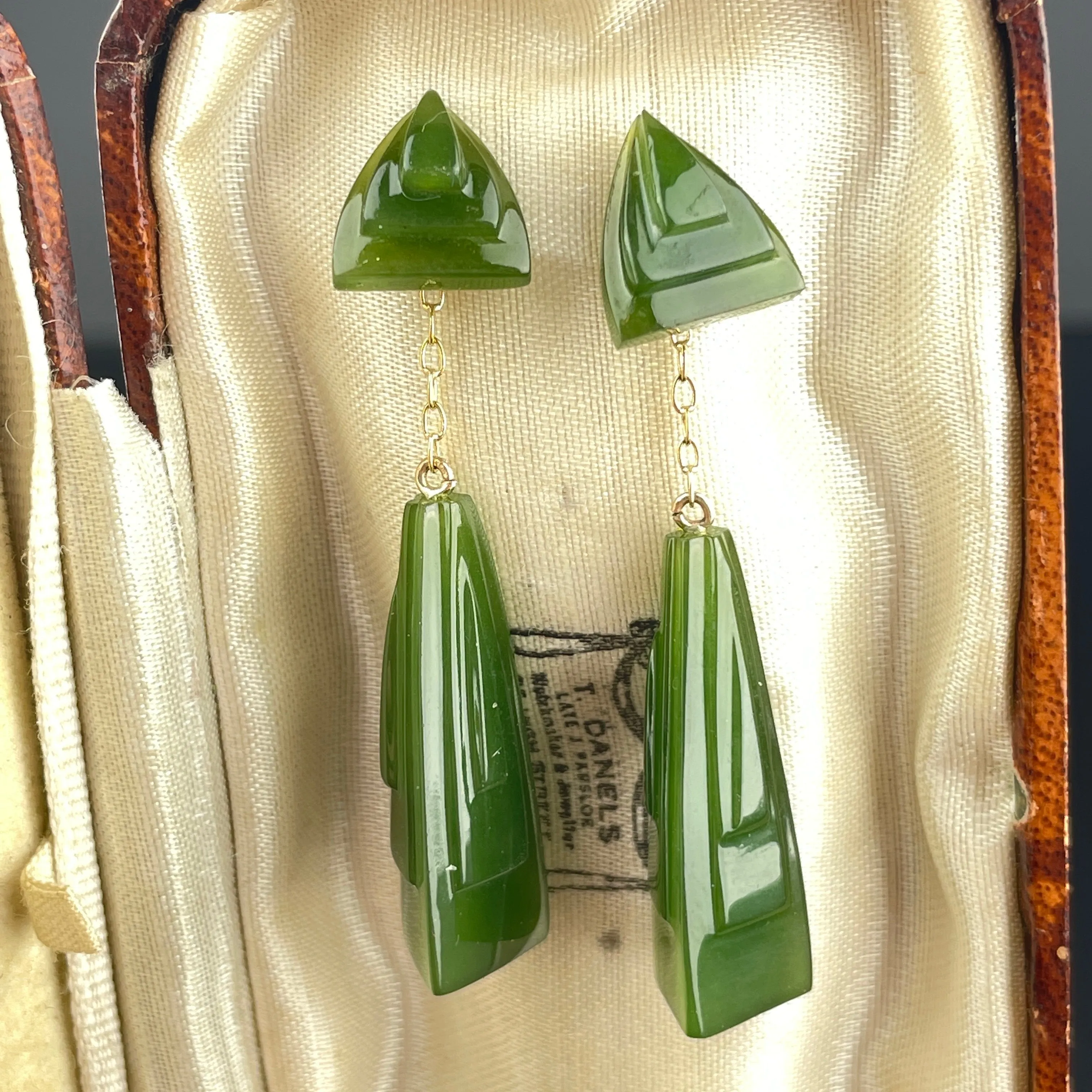 14K Gold Jade Geometric Stud Drop Earrings