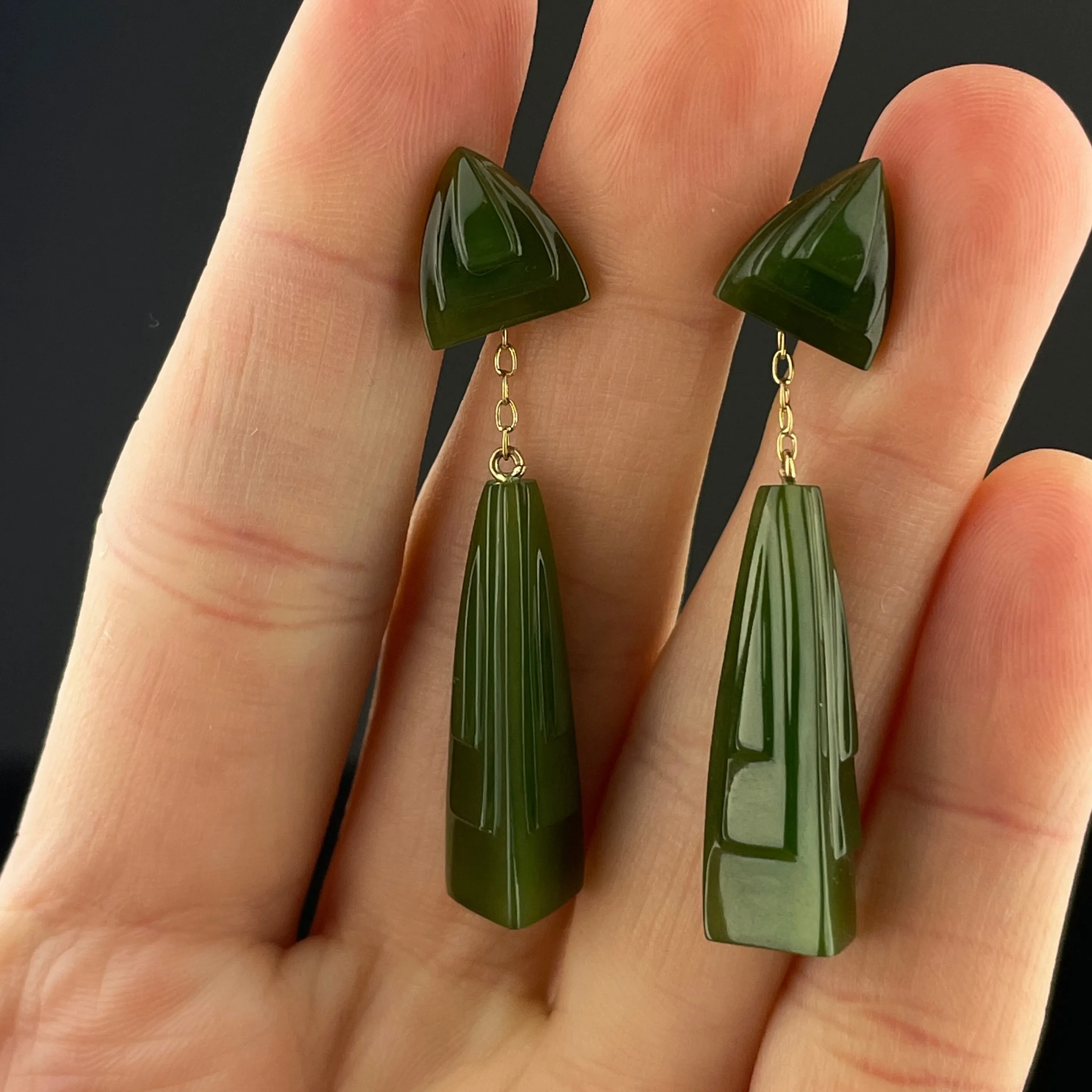 14K Gold Jade Geometric Stud Drop Earrings