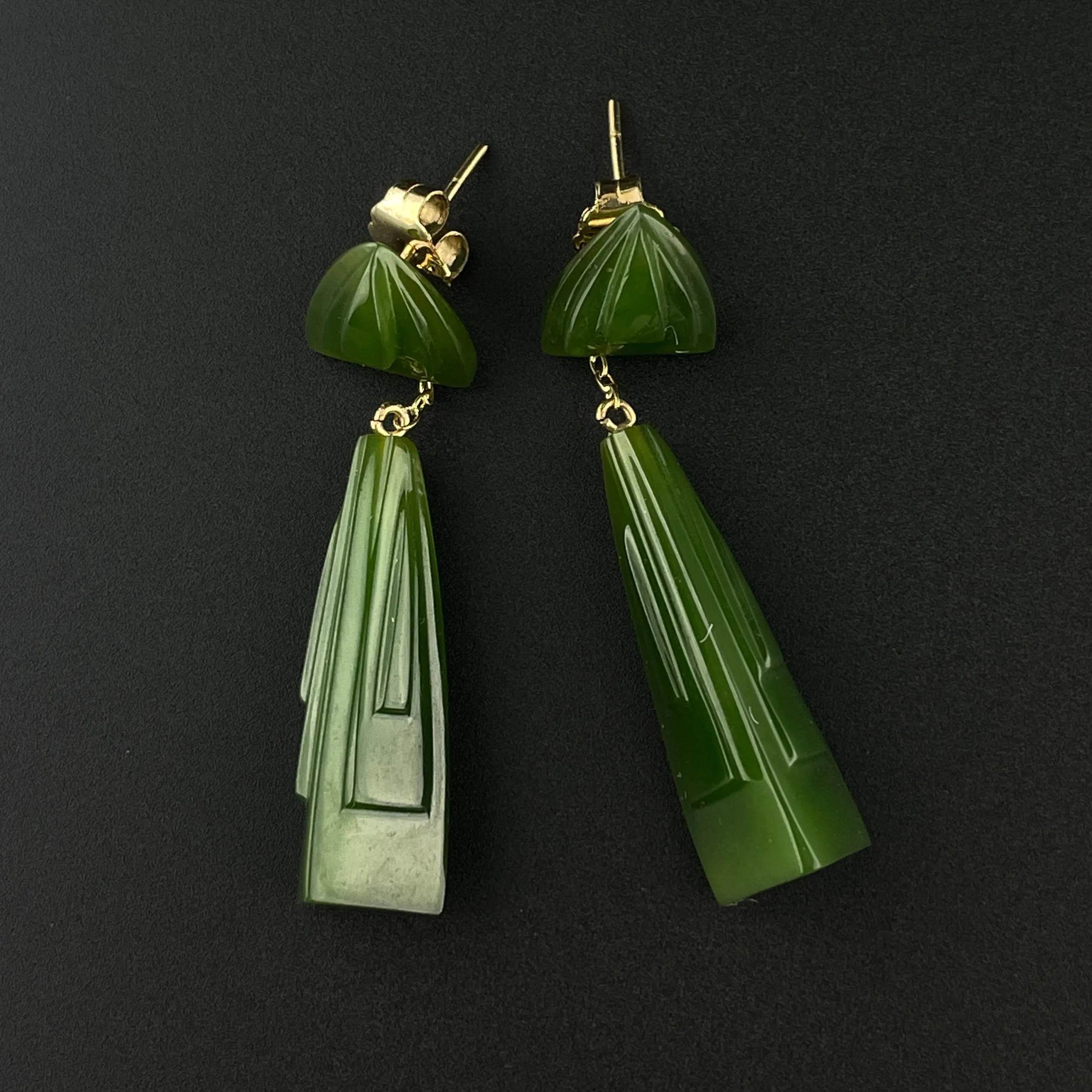 14K Gold Jade Geometric Stud Drop Earrings