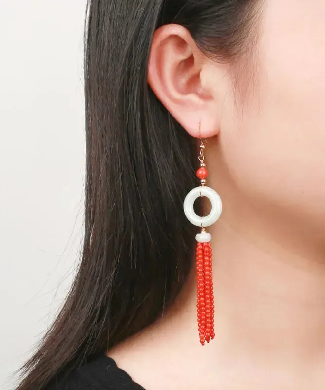 14K Gold Jade Tassel Circle Drop Earrings