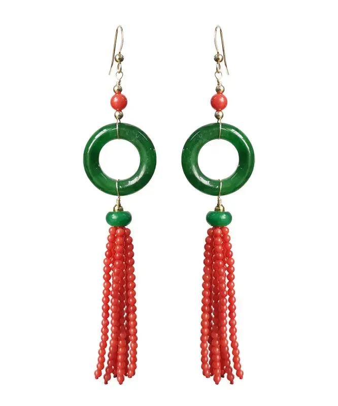 14K Gold Jade Tassel Circle Drop Earrings