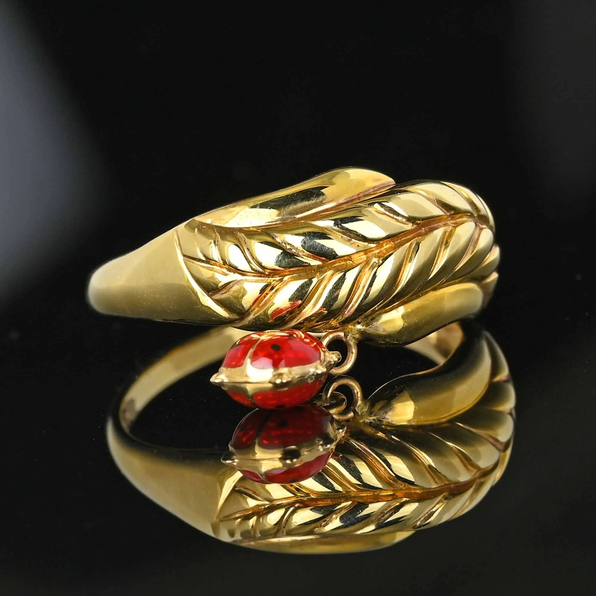 14K Gold Leaf Red Enamel Ladybug Charm Ring