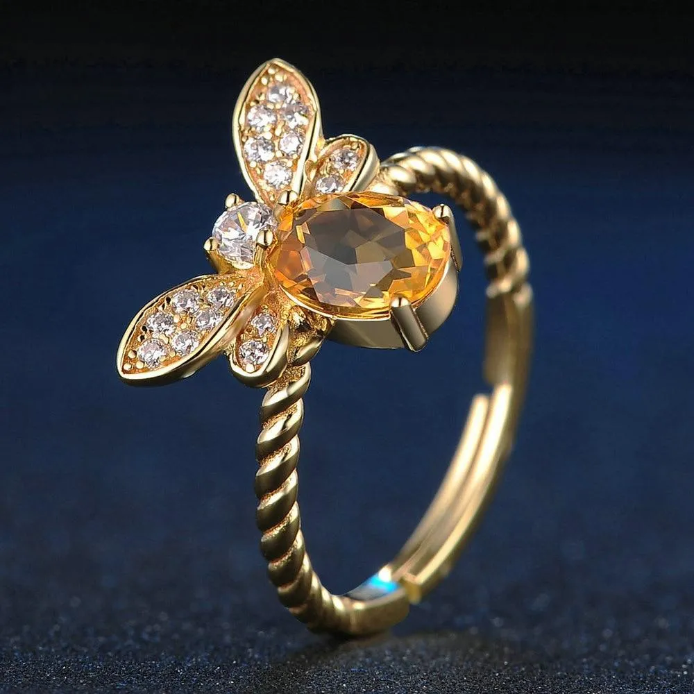 14k Gold Plated Silver CITRINE Gemstone Honey Bee WEALTH ATTRACTING Ring