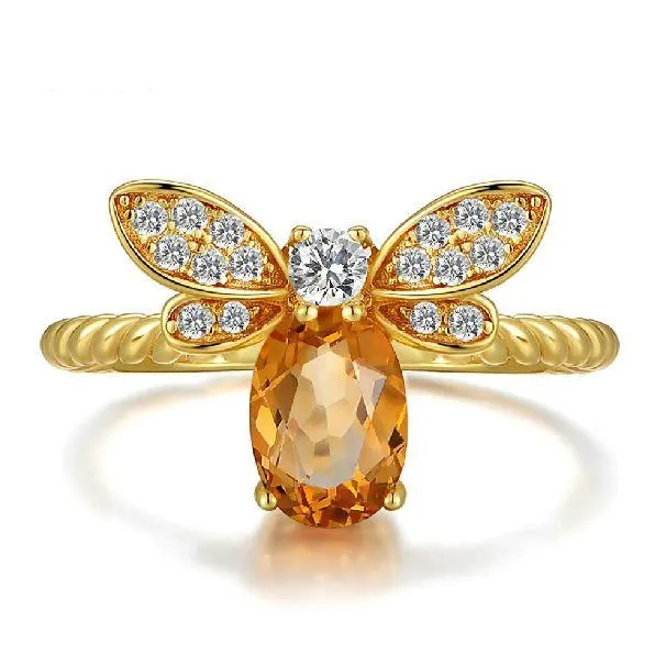 14k Gold Plated Silver CITRINE Gemstone Honey Bee WEALTH ATTRACTING Ring