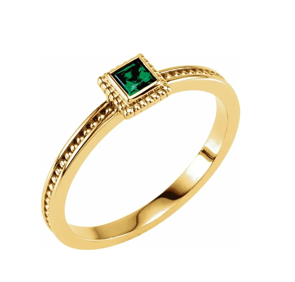 14K Gold Princess-cut Natural Emerald Family Stackable Ring