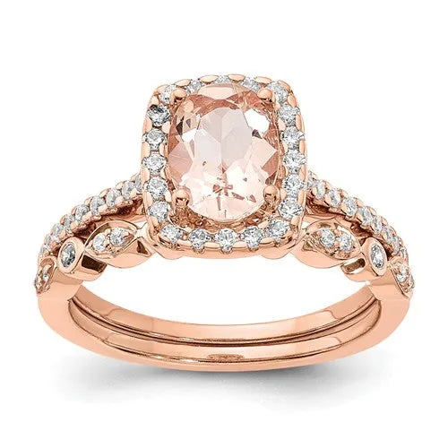 14k Rose Gold Oval Morganite Diamond Halo Engagement Ring