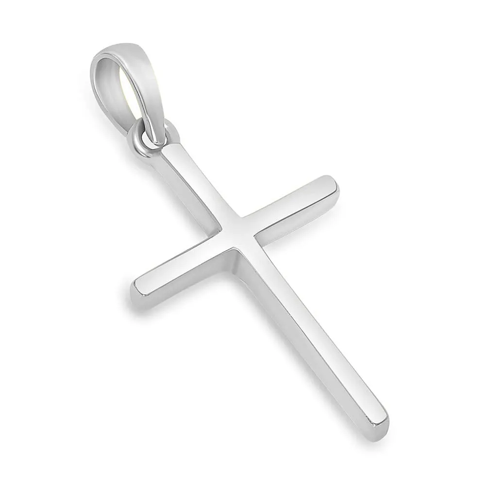 14k Solid White Gold Classic Small Religious Cross Charm Pendant with Cable Chain Necklace