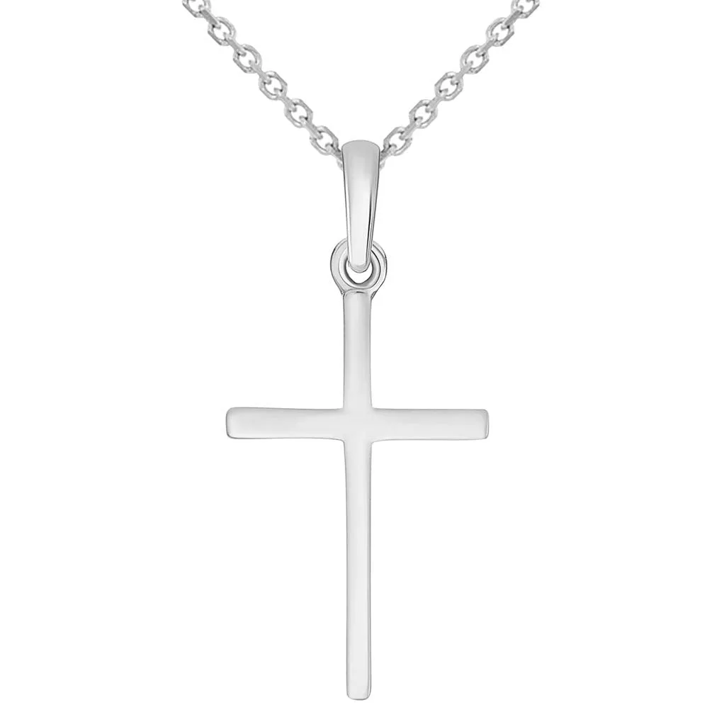 14k Solid White Gold Classic Small Religious Cross Charm Pendant with Cable Chain Necklace