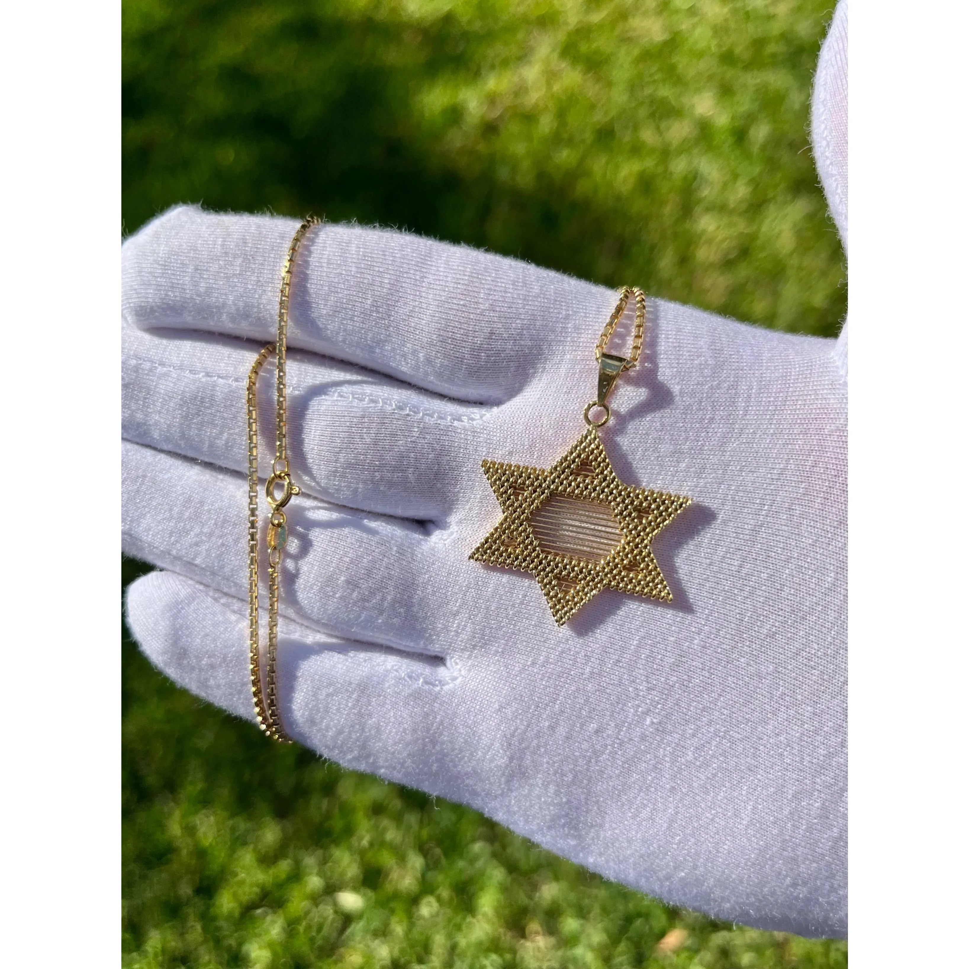 14K Solid Yellow Gold Star of David Pendant Necklace