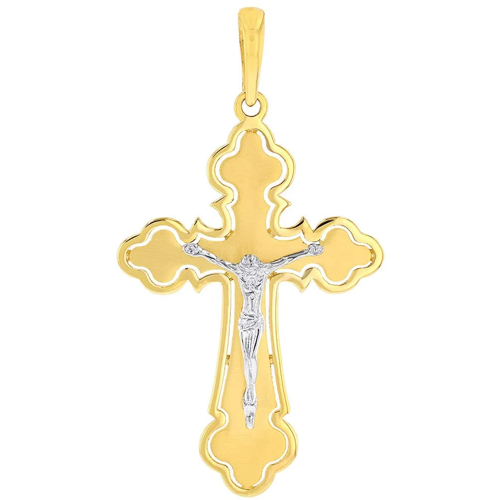 14k Two Tone Gold Open Outline Cross Eastern Orthodox Crucifix Pendant Figaro Link Necklace