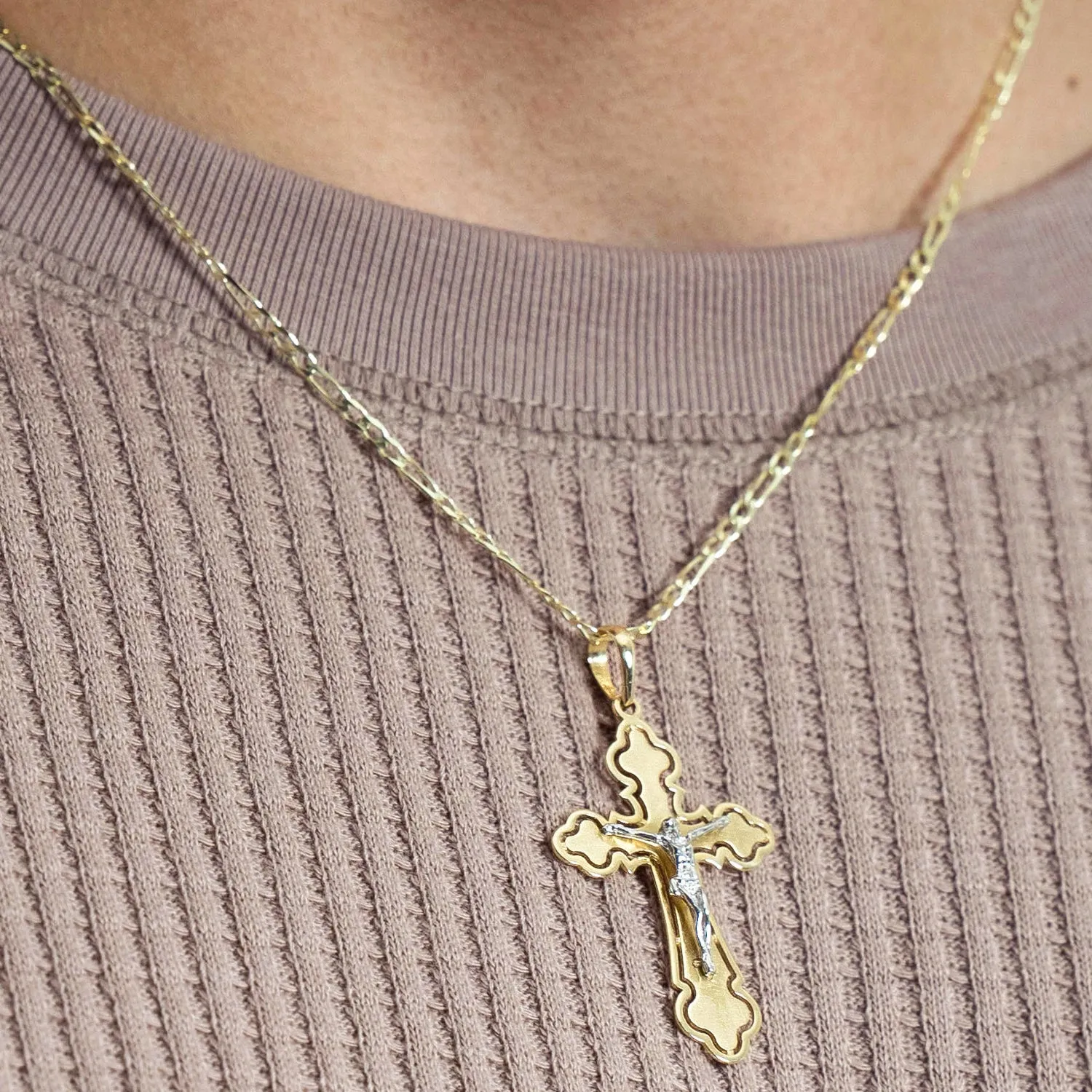 14k Two Tone Gold Open Outline Cross Eastern Orthodox Crucifix Pendant Figaro Link Necklace