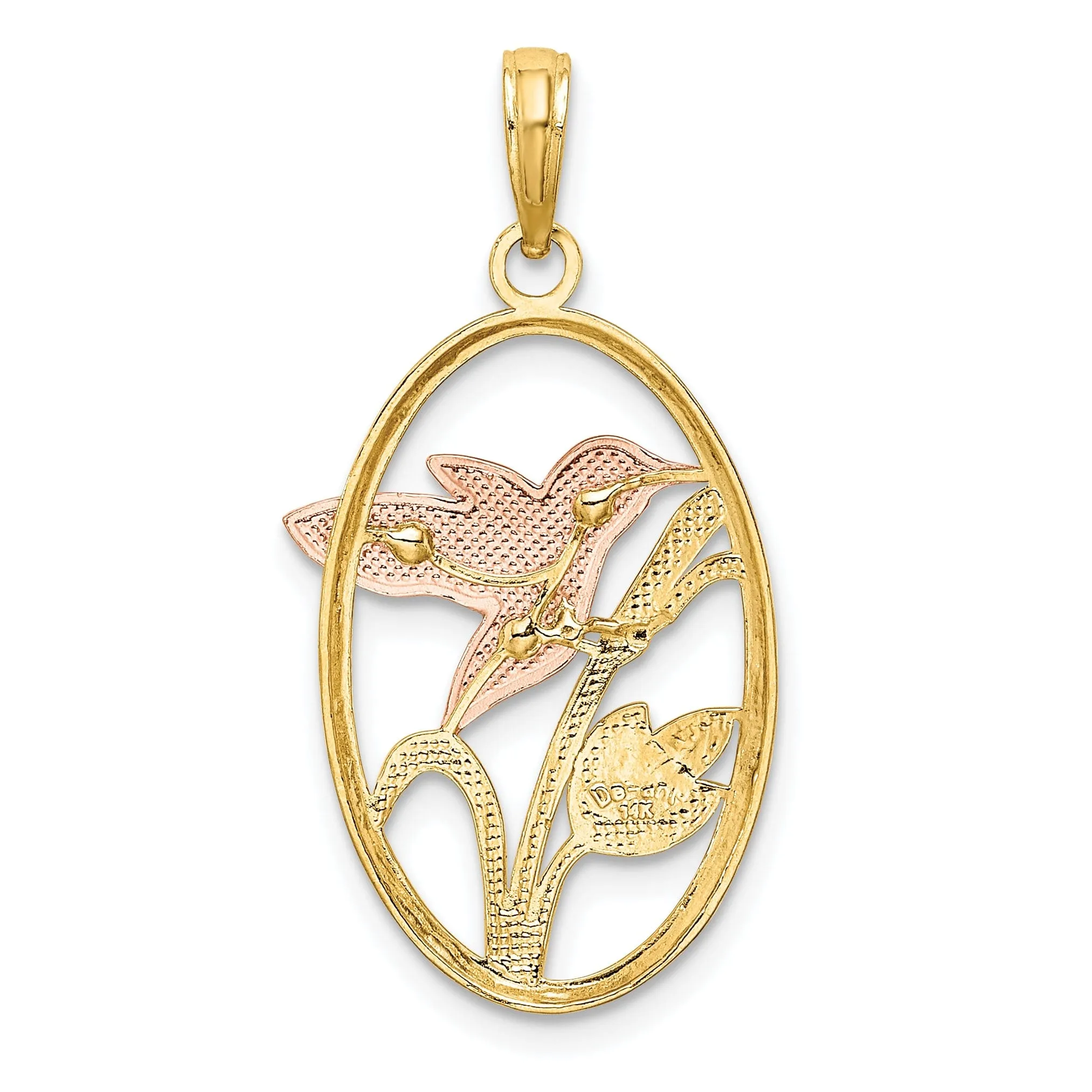 14k Two Tone Gold White Rhodium Open Back Textured Polished Finish Hummingbird and Flowers In Oval Frame Charm Pendant