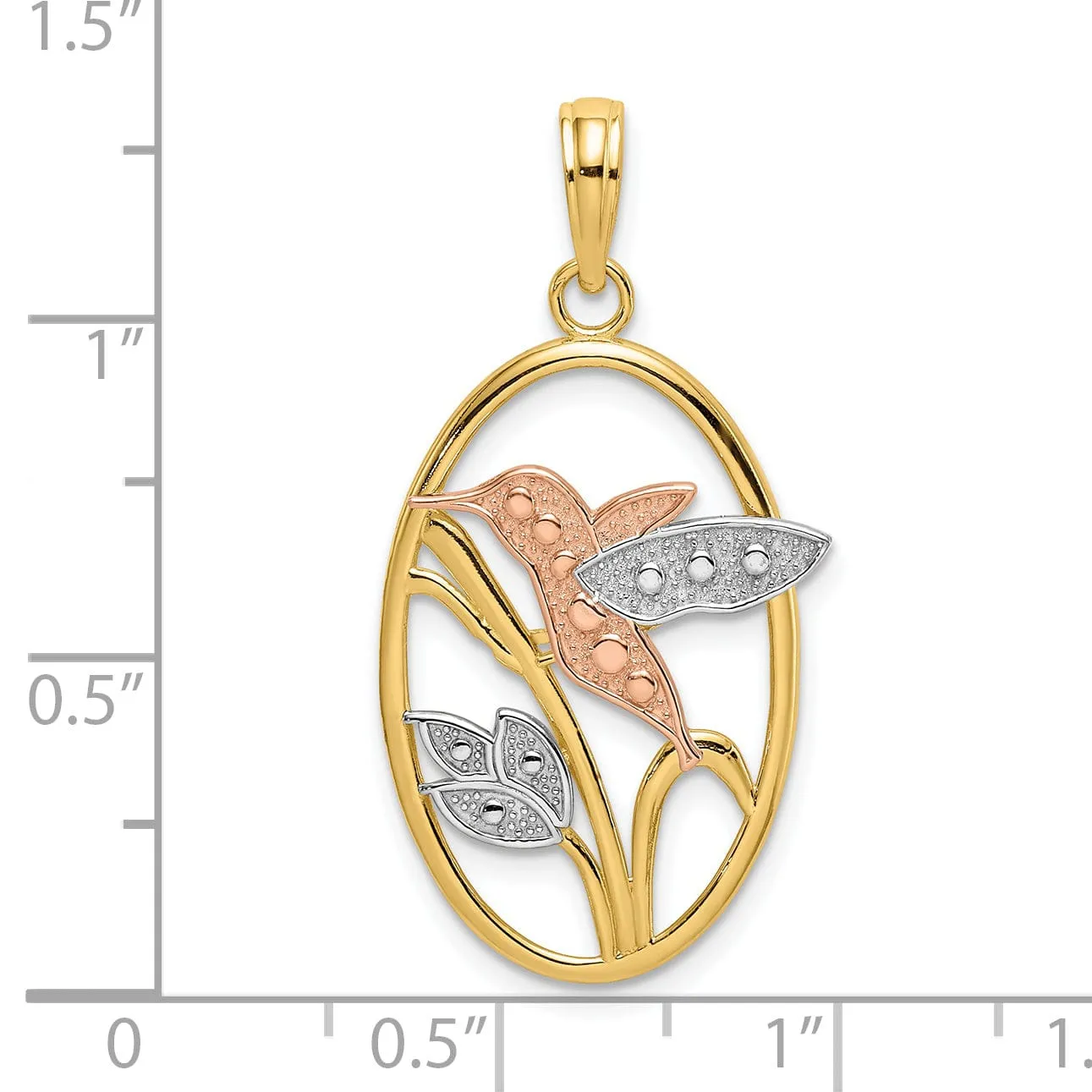 14k Two Tone Gold White Rhodium Open Back Textured Polished Finish Hummingbird and Flowers In Oval Frame Charm Pendant