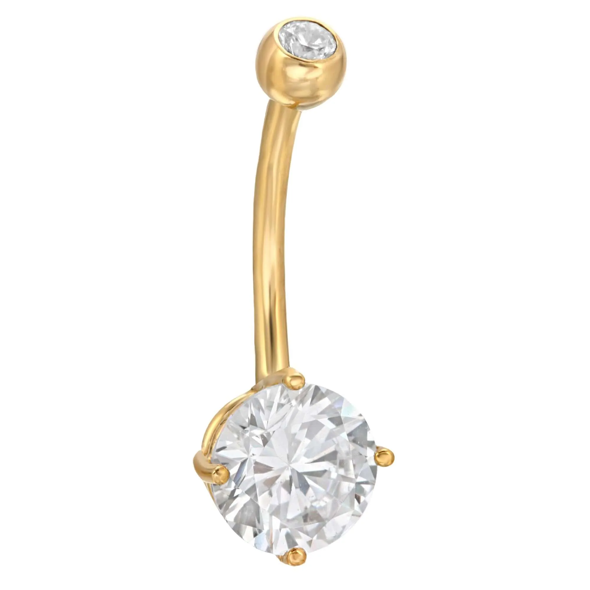 14k Yellow Gold Belly Button Ring with Round CZ in Prong Setting