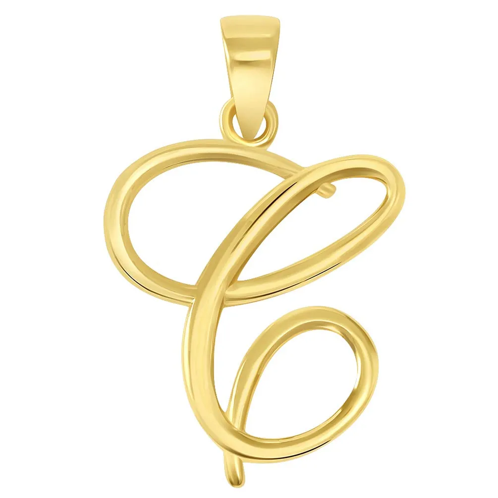 14k Yellow Gold Elegant Script Letter C Cursive Initial Pendant with Curb Chain Necklace