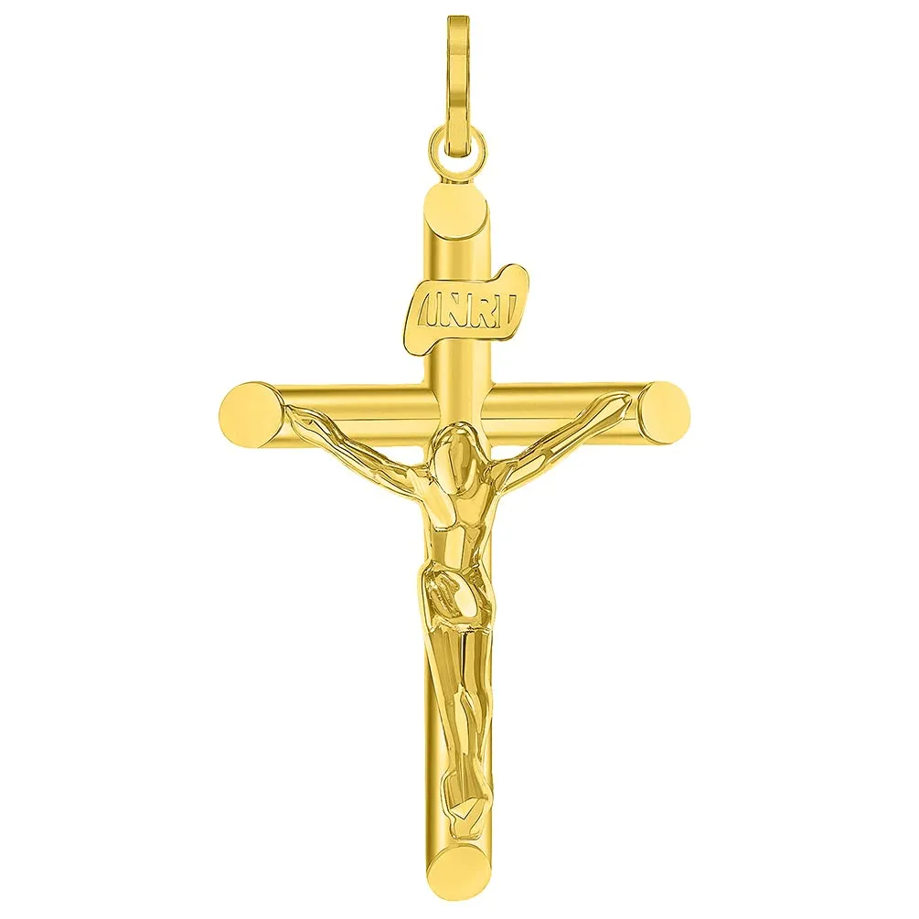 14k Yellow Gold INRI Tubular Cross Charm Traditional Roman Catholic Crucifix Pendant Cuban Curb Chain Necklace