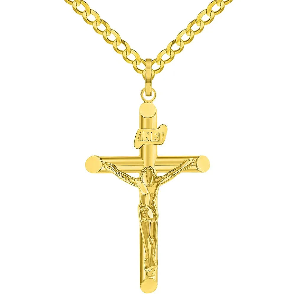 14k Yellow Gold INRI Tubular Cross Charm Traditional Roman Catholic Crucifix Pendant Cuban Curb Chain Necklace