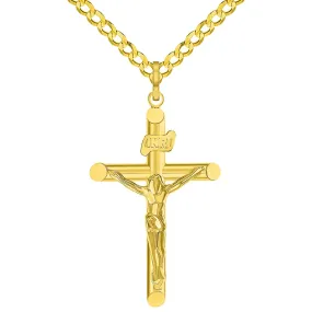 14k Yellow Gold INRI Tubular Cross Charm Traditional Roman Catholic Crucifix Pendant Cuban Curb Chain Necklace