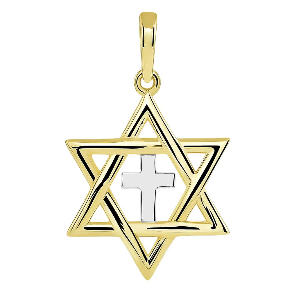 14k Yellow Gold Jewish Hebrew  Star of David with Religious Cross Judeo Christian Pendant (Small)