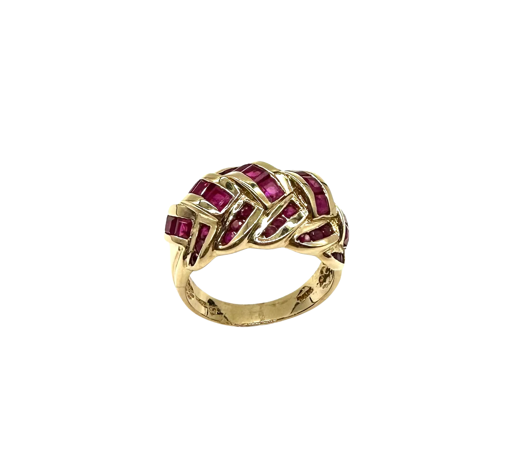 14k Yellow Gold Multi-Row Ring with Channel-Set Square Rubies