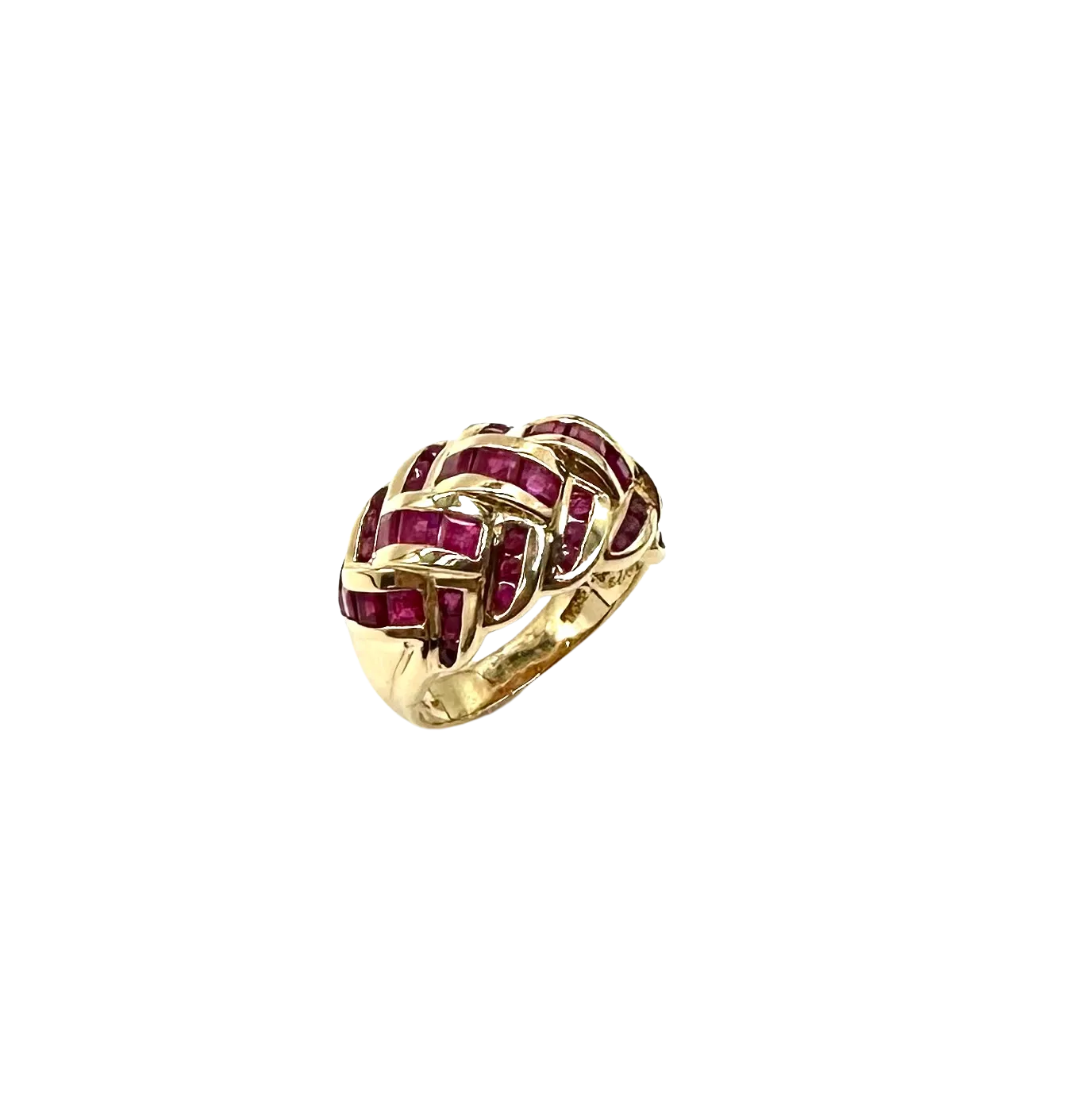 14k Yellow Gold Multi-Row Ring with Channel-Set Square Rubies