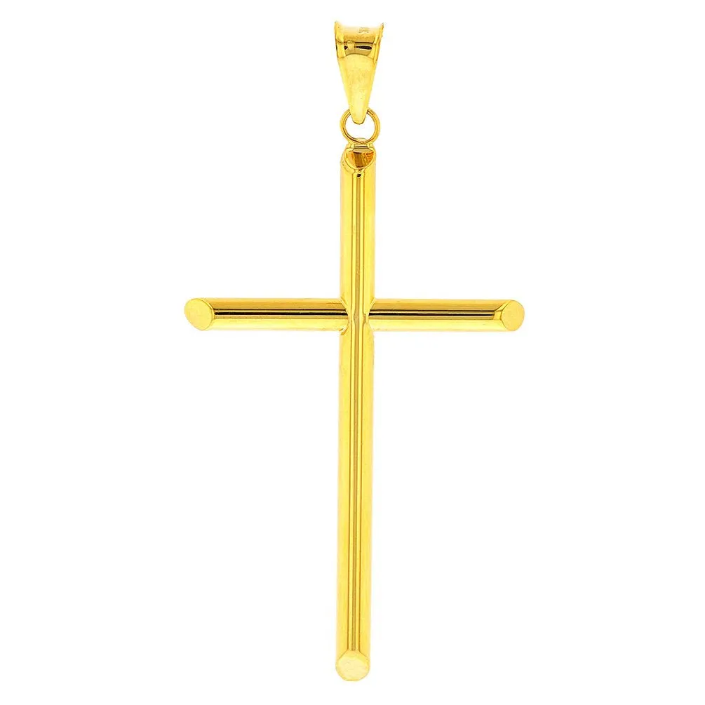 14K Yellow Gold Plain Religious Tube Cross Pendant with High Polish