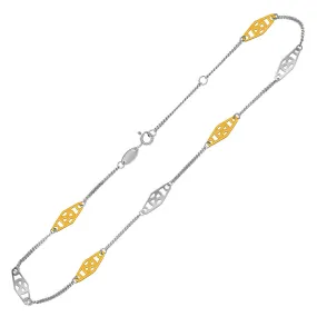 14k Yellow Gold Sterling Silver Anklet Rounded Diamond Shape Stations